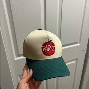 Parke Cream and Green Baseball Cap with Red Apple Logo